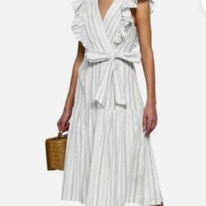 NWT Rebecca Taylor Blue White Stripe Ruffled Tie Waist Cotton Midi Dress